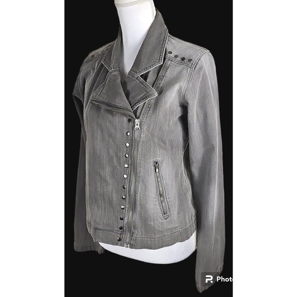 Rock 47 By Wrangler ~Woman Size M~ Gray Denim Jean Motorcycle Jacket Zip-Up. - Picture 4 of 12